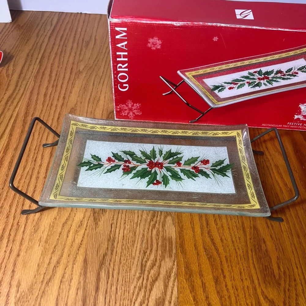 Gorham Festive Holly Glass Serving Tray with Metal Rack Christmas Holiday